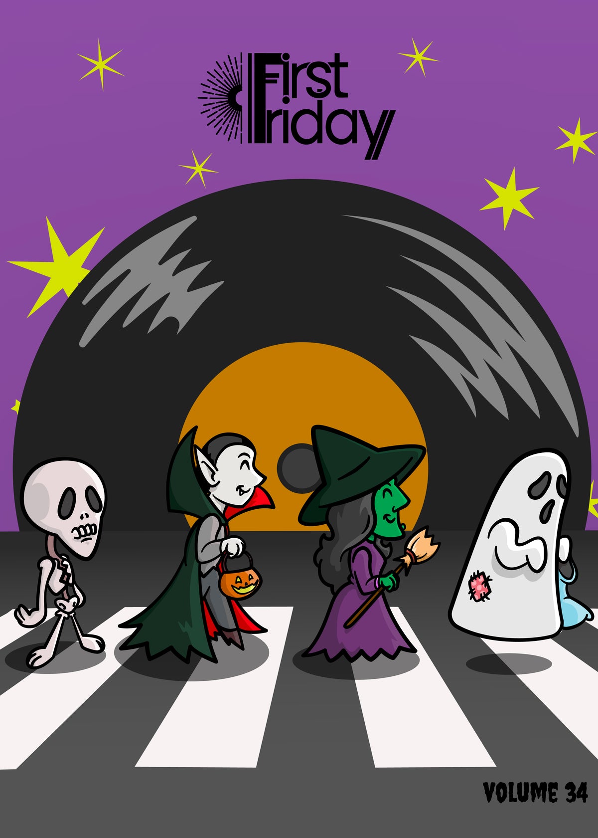 A stylized Halloween illustration with the text 'First Friday' at the top and 'Volume 34' at the bottom right. Four cartoon characters walk across a zebra crossing in front of a giant vinyl record: a skeleton, a vampire, a green-skinned witch, and a white ghost.