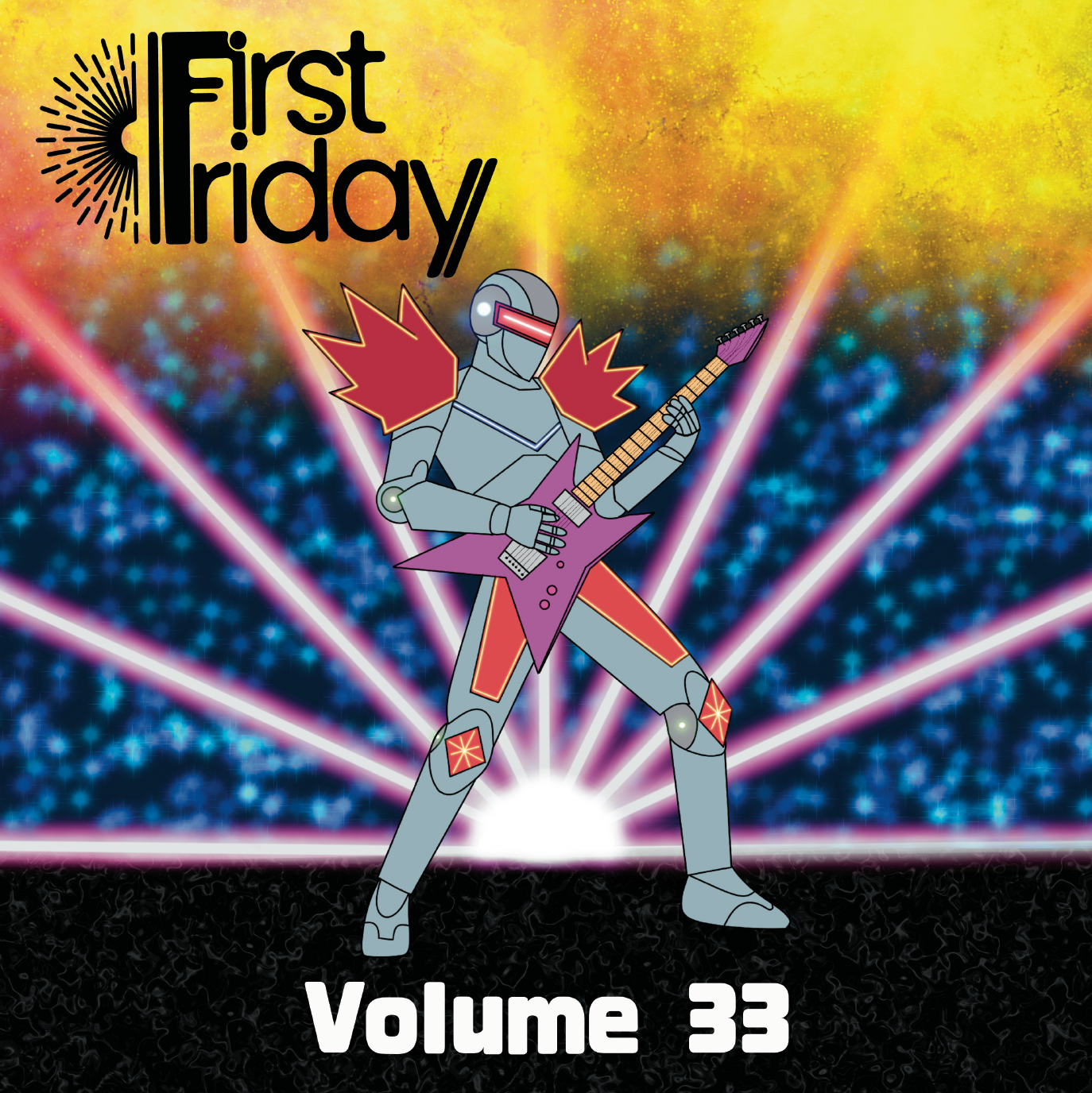 Album-style cover art reading 'First Friday' and 'Volume 33' with a stylized robot guitarist on a stage-like background with yellow, orange, blue, and pink light beams.