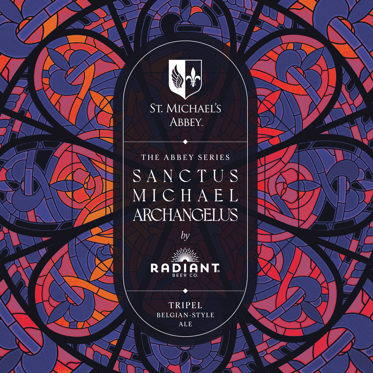 Stained glass-style artwork in red, purple, and orange with a central dark arched label reading St. Michael's Abbey, The Abbey Series, Sanctus Michael Archangelus, and Radiant Beer Co.