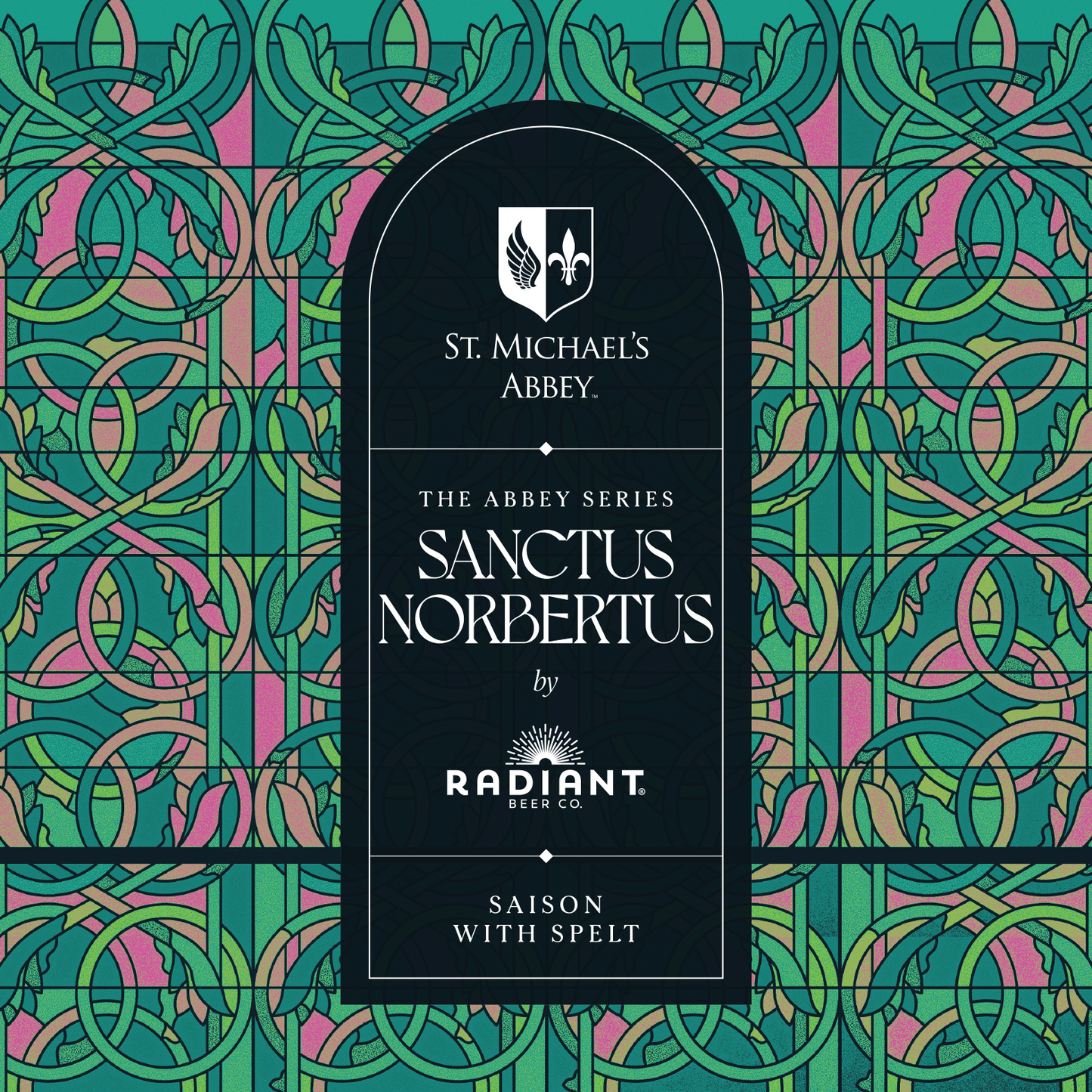 Beer label for 'Sanctus Norbertus' by Radiant Beer Co. on a decorative background.