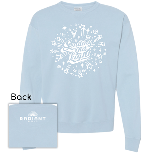Sending Out Light in White Front on light Blue Crewneck