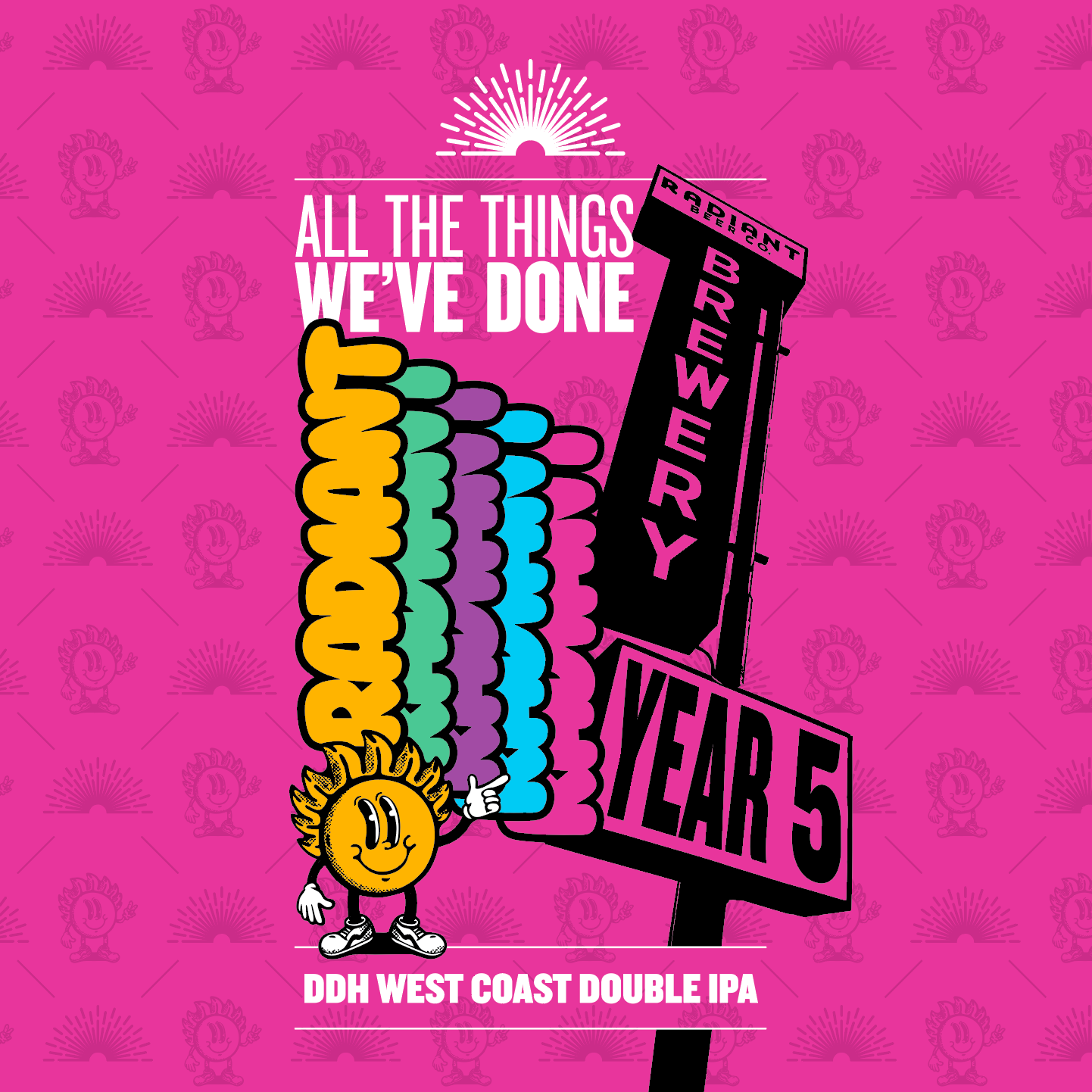 Brewery logo with colorful character on a pink background