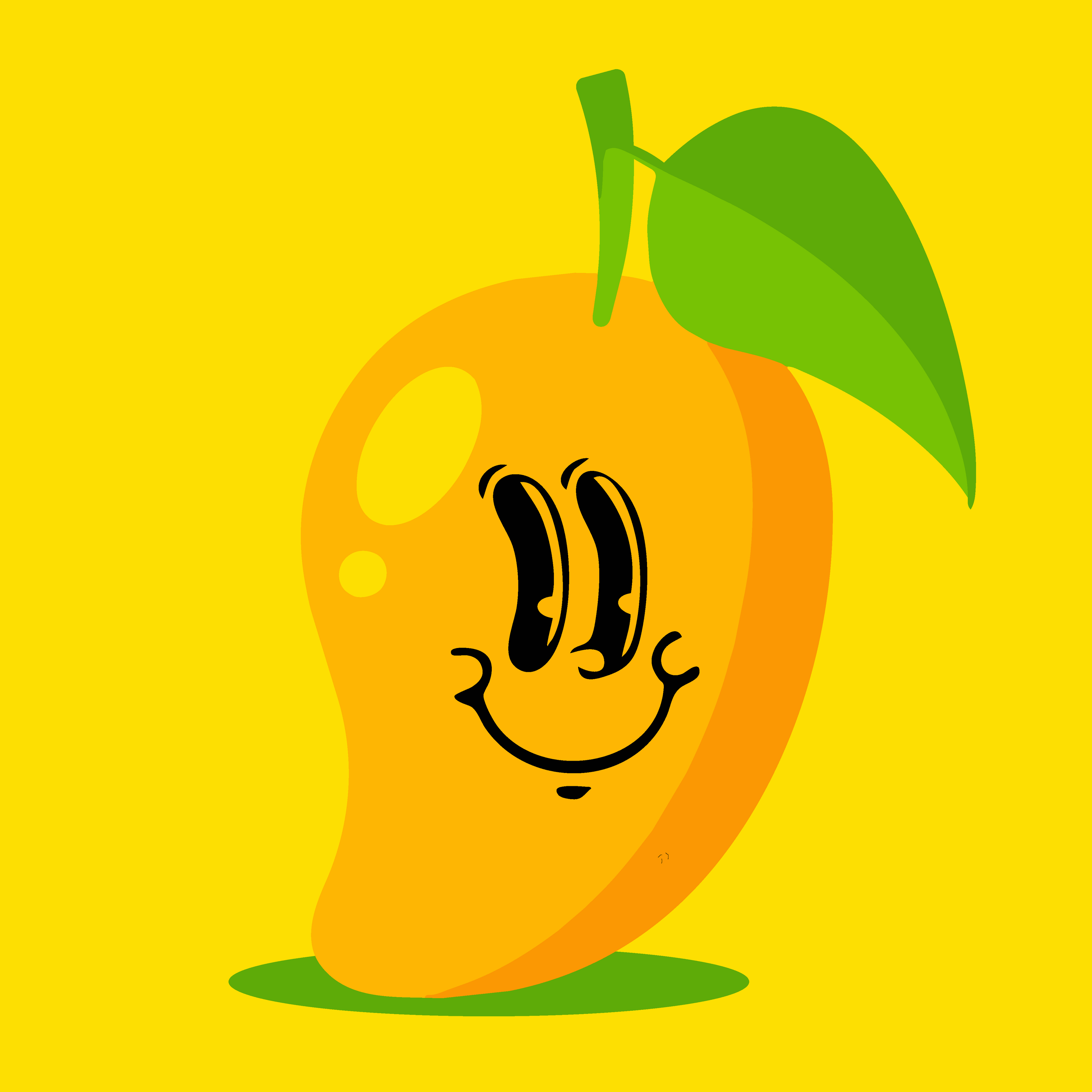 A stylized cartoon mango with a smiling face and green leaf on a solid yellow background.