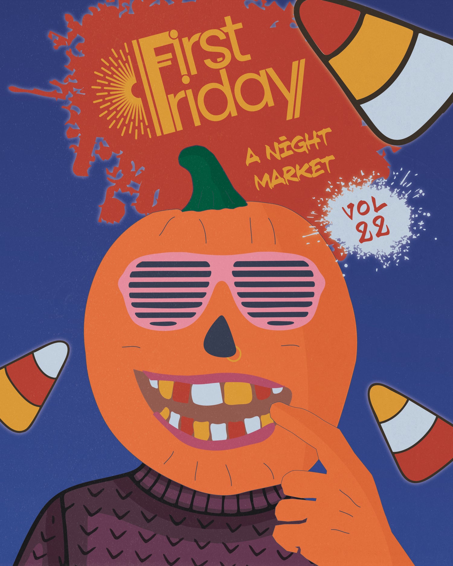 Pumpkin face with sunglasses and candy corn on a blue background with 'First Friday' text. October First Friday Artwork. 