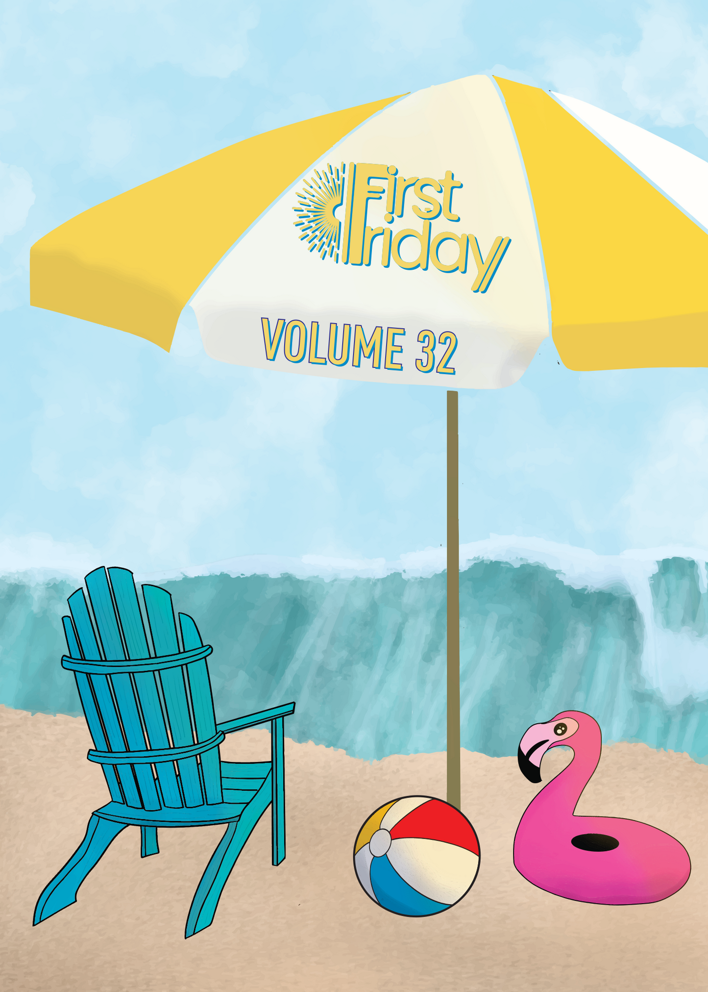 A stylized beach scene with a yellow and white beach umbrella labeled 'First Inday VOLUME 32,' a turquoise Adirondack chair, a pink flamingo float, and a red, white, and blue beach ball on sand with blue water in the background.