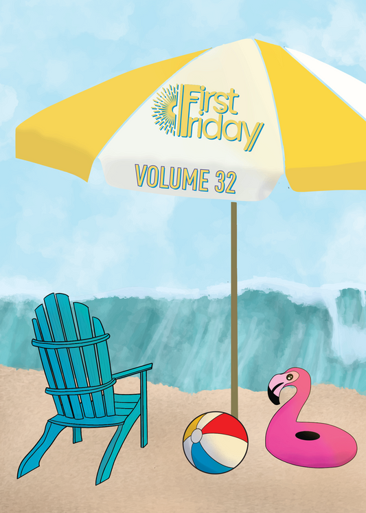 A stylized beach scene with a yellow and white beach umbrella labeled 'First Inday VOLUME 32,' a turquoise Adirondack chair, a pink flamingo float, and a red, white, and blue beach ball on sand with blue water in the background.