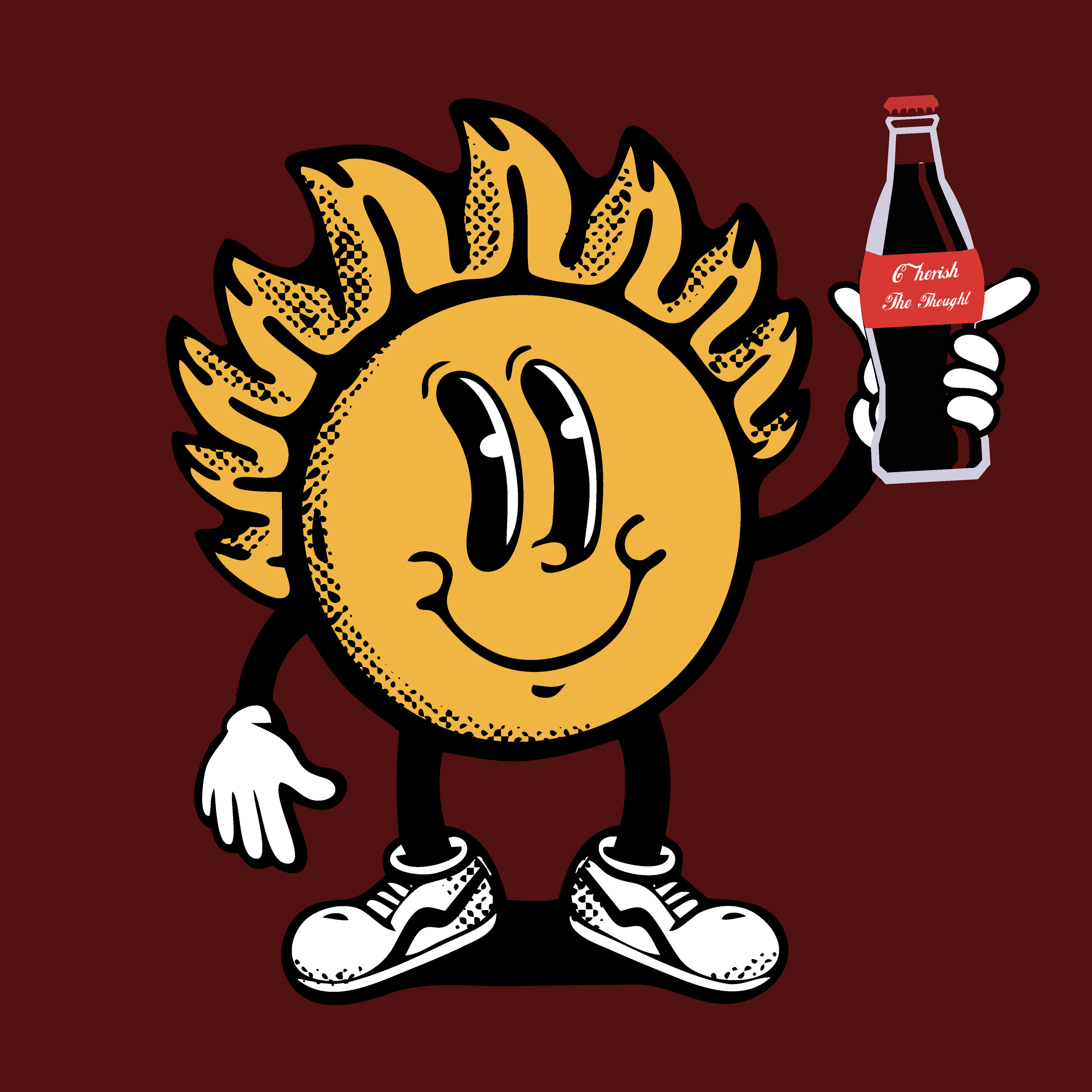 Retro Sunny Character holding a stylized bottle of Cherish the thought Hard Cola 