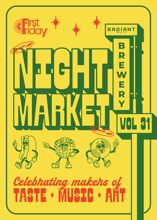 Promotional poster for First Friday Night Market Vol 31 featuring cartoon characters and text on a yellow background.