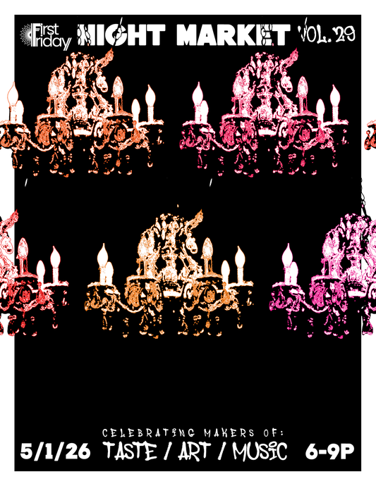 Promotional poster for 'First Friday Night Market Vol. 29' with chandelier images and event details.