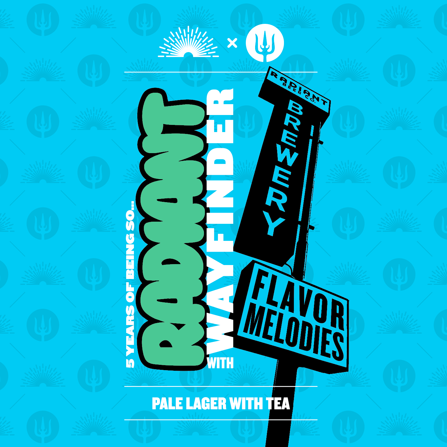 Promotional graphic for Radiant Brewery and Wayfinder featuring stylized signs on a blue background.