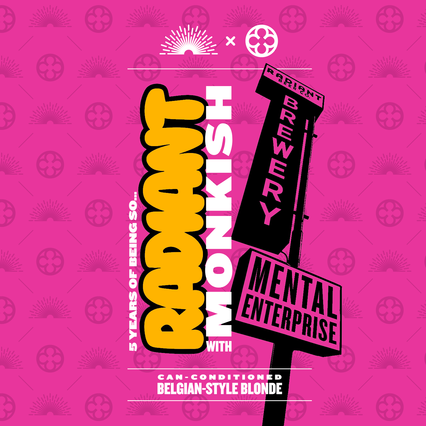 Promotional graphic for a beer release with 'Radiant Monkish' and 'Mental Enterprise' on a pink background.