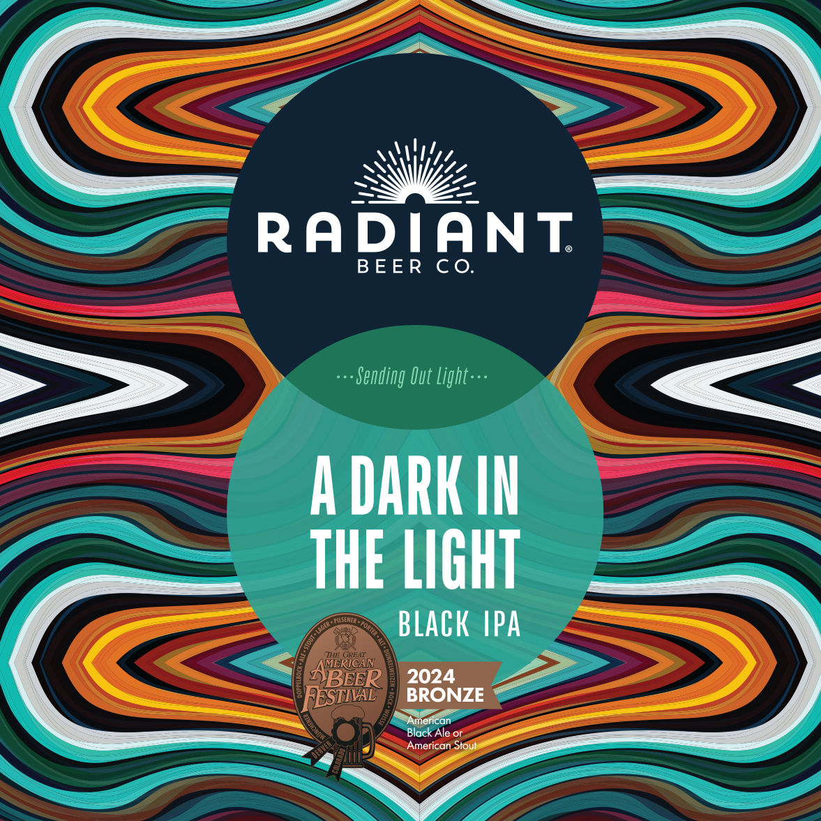 Radiant Beer Co. label for A Dark in the Light Black IPA with colorful abstract design