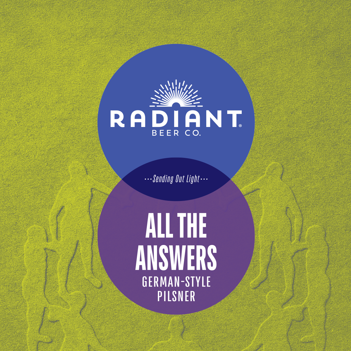 Radiant Beer Co. label with blue and purple circles on a green background