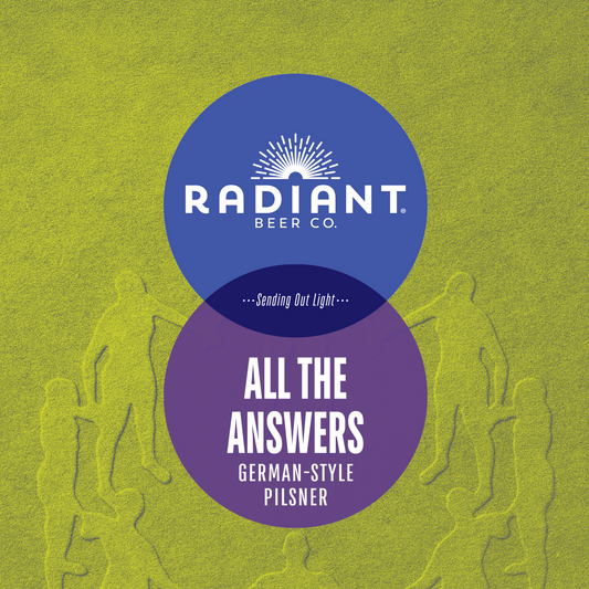 Radiant Beer Co. label with blue and purple circles on a green background