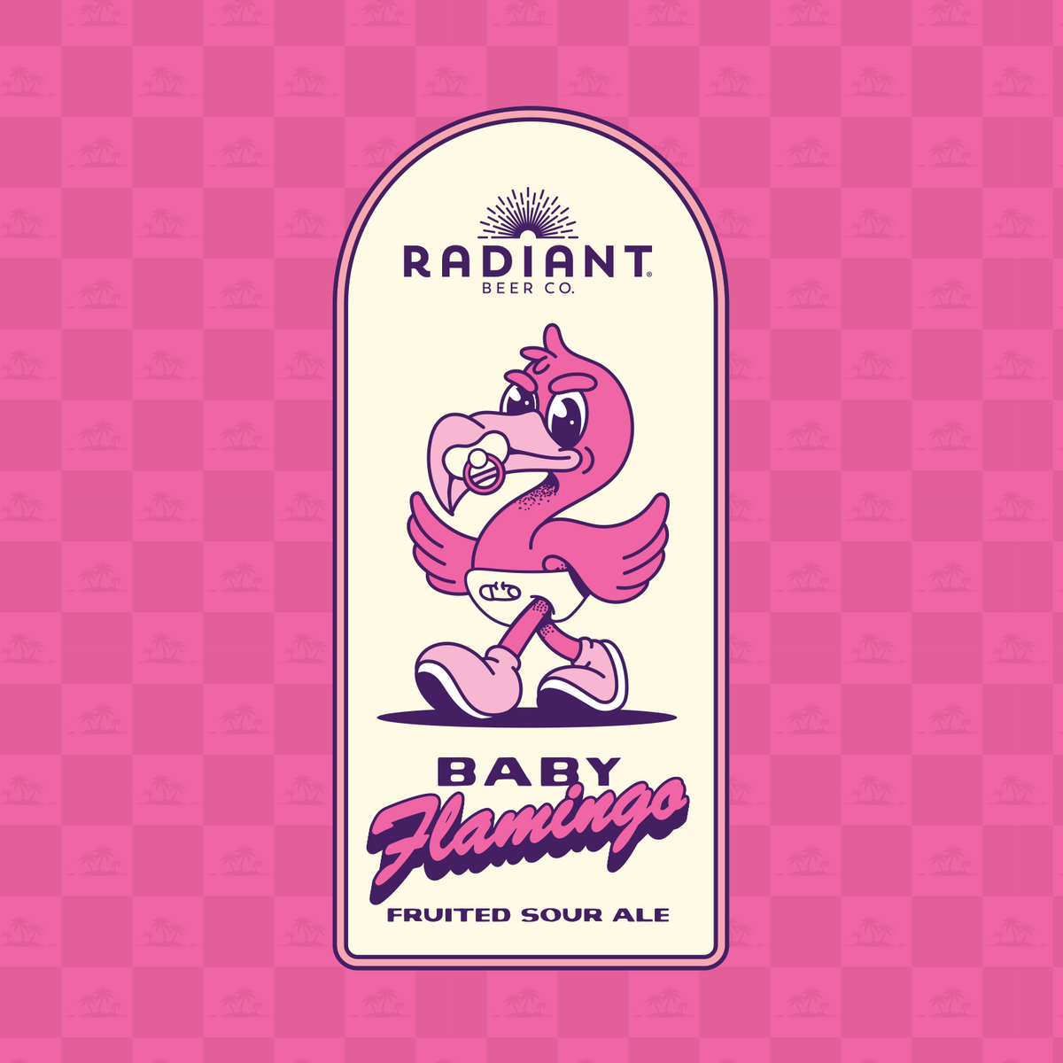 Radiant Beer Co. Baby Flamingo fruited sour ale label on a pink checkered background