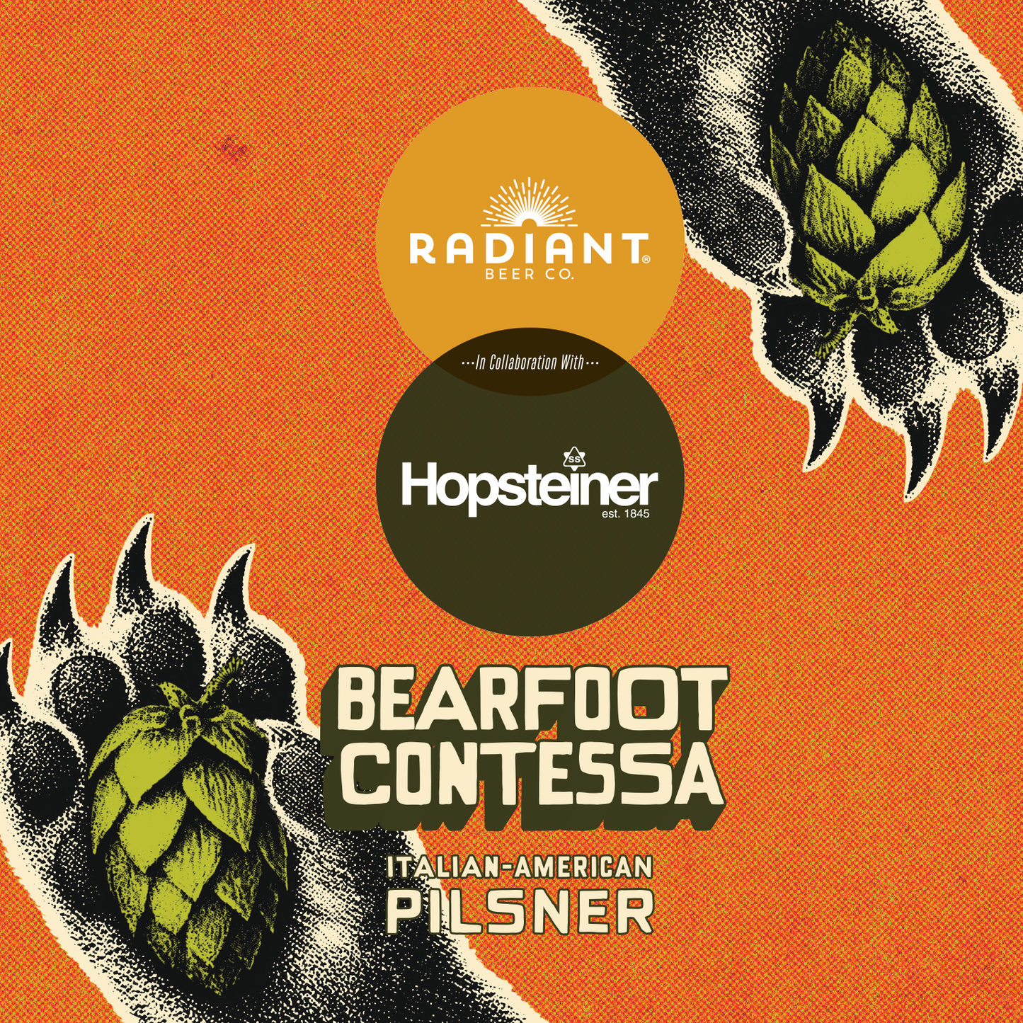 Advertisement for Bearfoot Contessa Italian-American Pilsner featuring Radiant Beer Co. and Hopsteiner logos on an orange background.