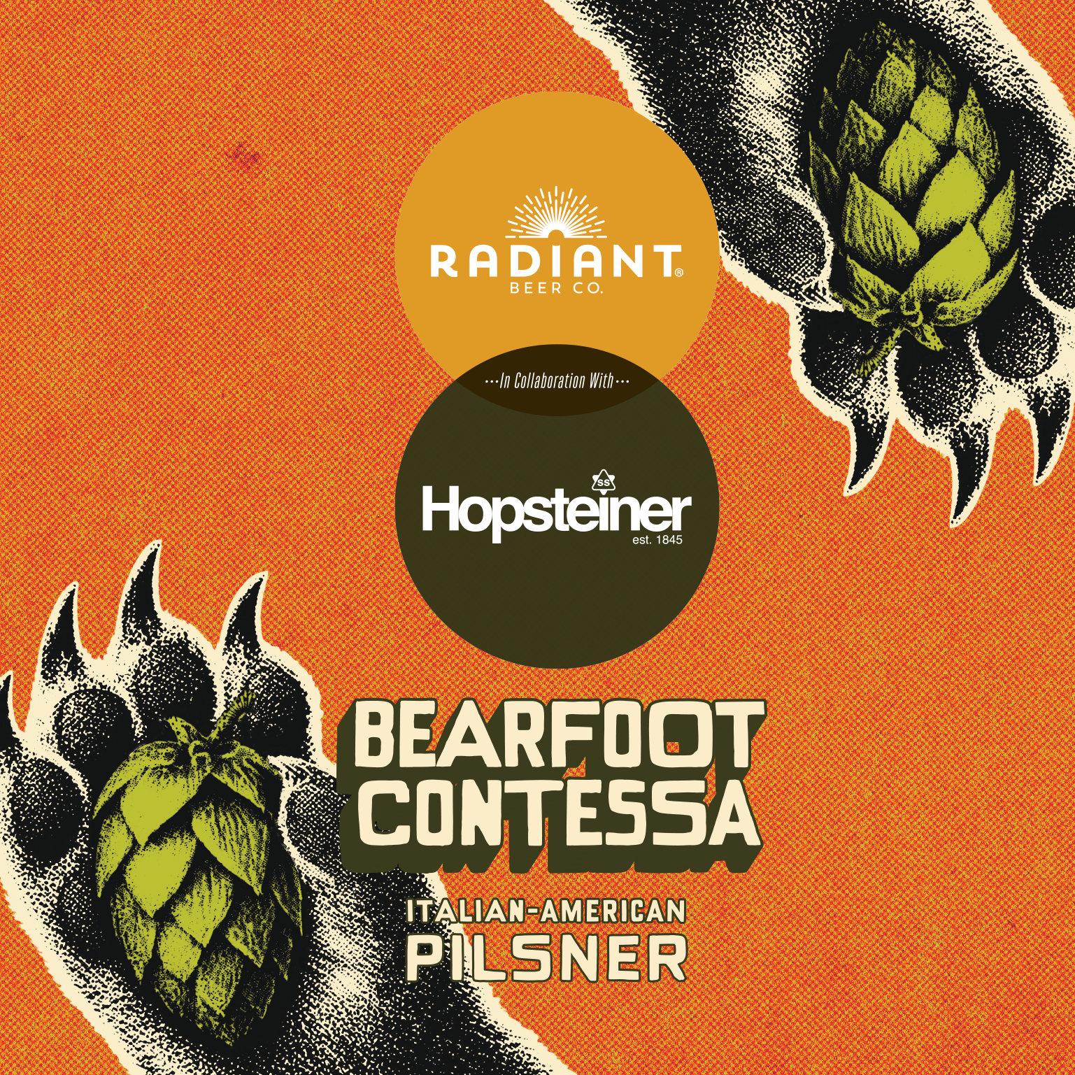 Advertisement for Bearfoot Contessa Italian-American Pilsner featuring Radiant Beer Co. and Hopsteiner logos on an orange background.