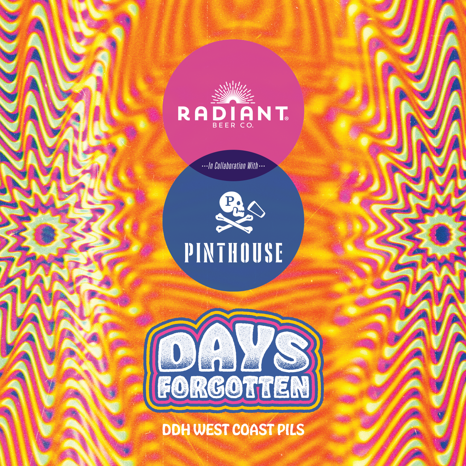 Collaborative beer label between Radiant Beer Co. and Pinthouse featuring a psychedelic pattern.