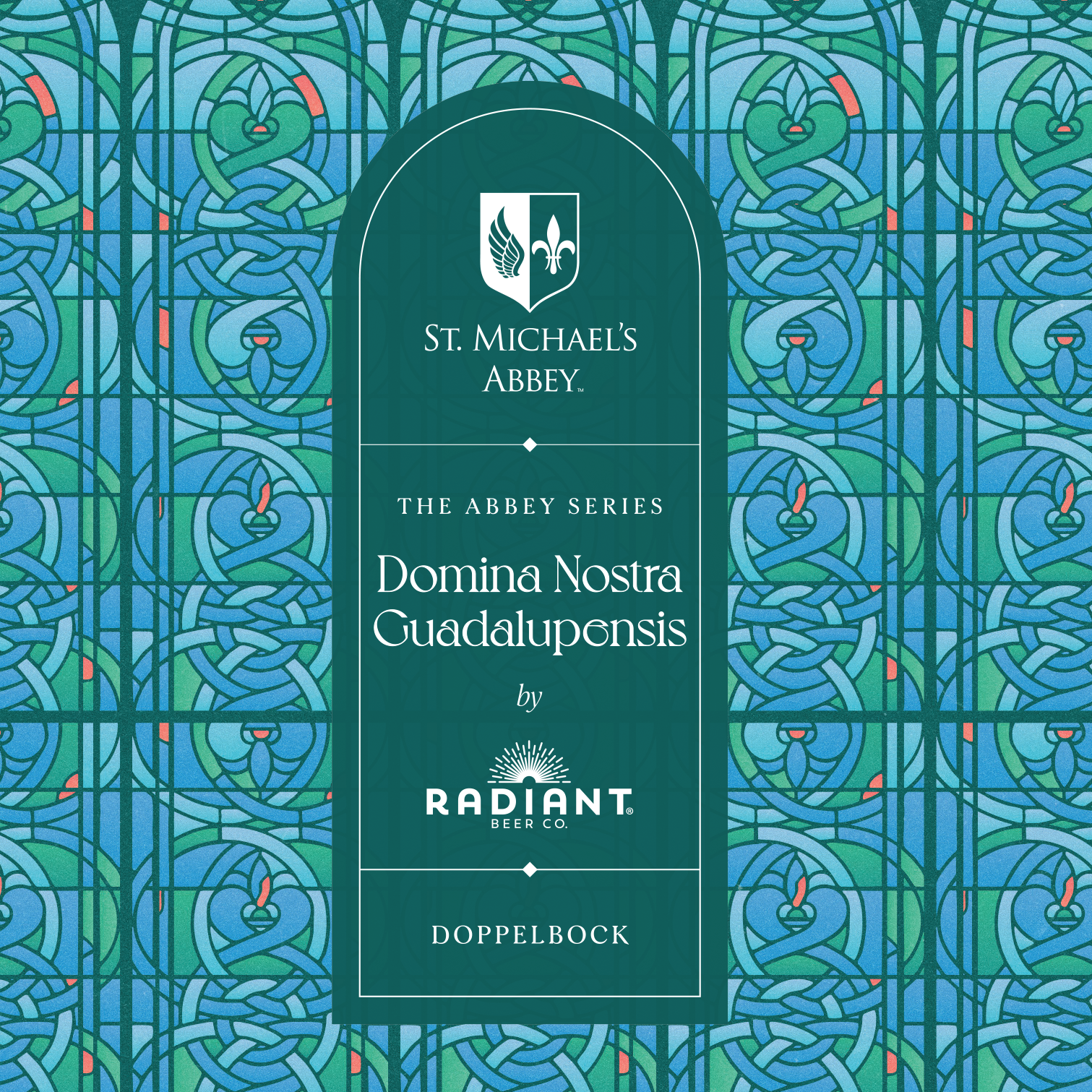 Beer label for St. Michael's Abbey featuring intricate blue and green patterns.