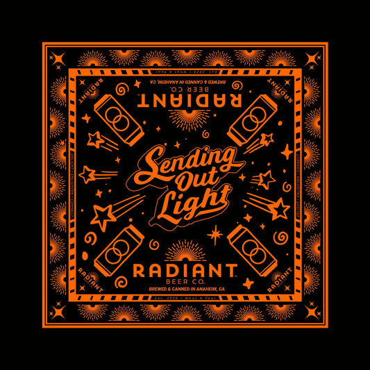 Black Bandana featuring orange accents saying sending out light with the radiant beer can. Represents the local Anaheim ducks colors. 