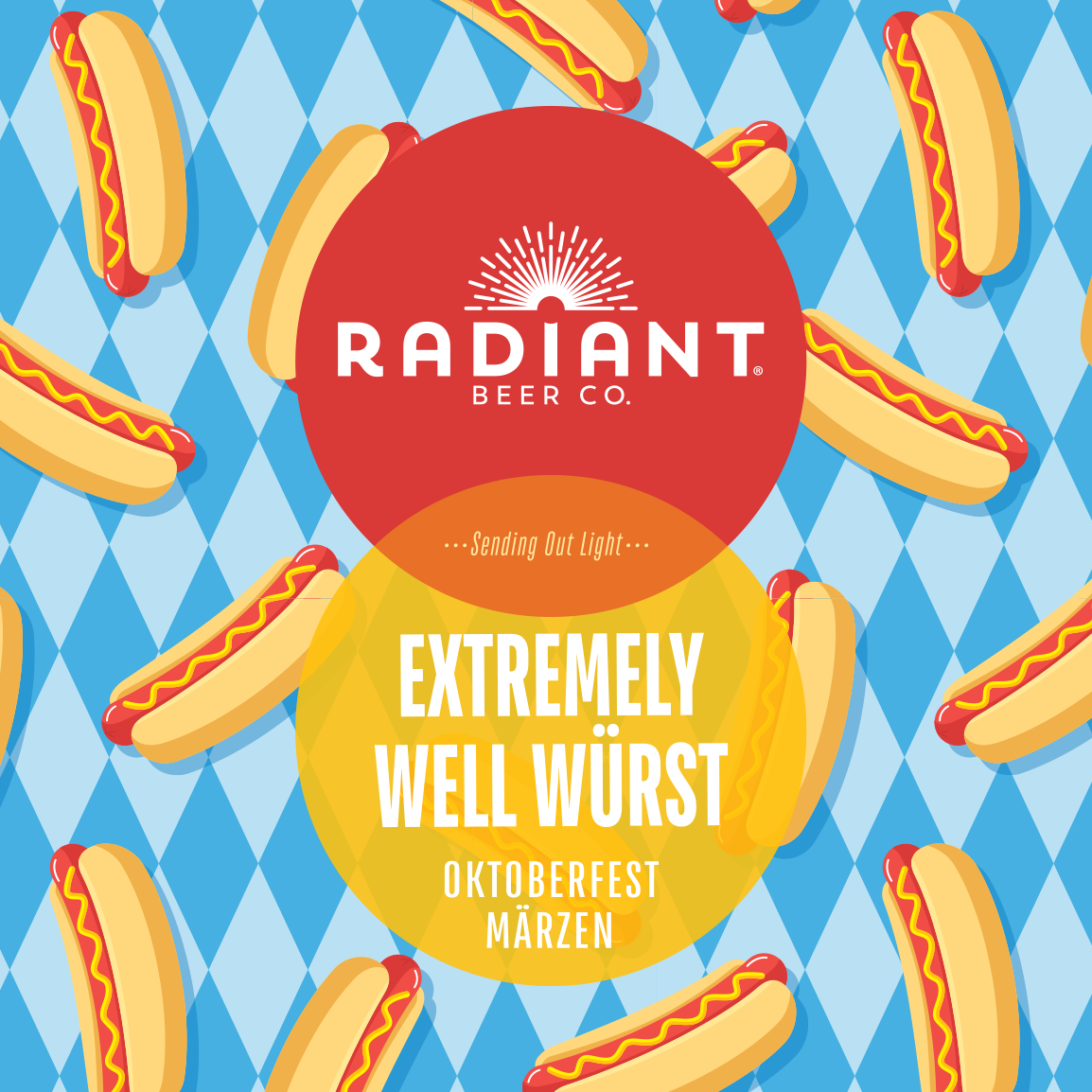 Promotional label for Extremely Well Wurst Oktoberfest Marzen Lager wiith hot dogs and Oktoberfest theme on a blue diamond pattern background.