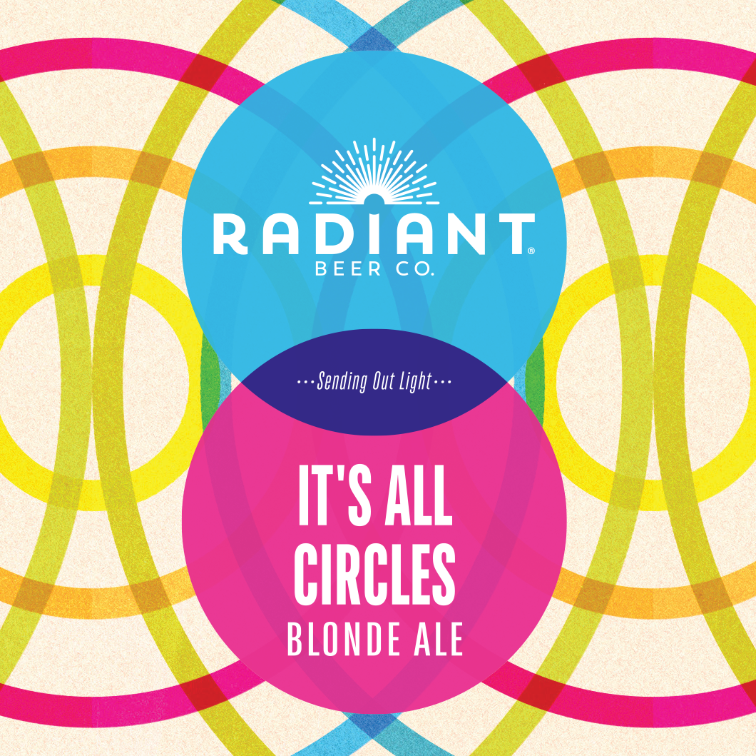 Radiant Beer Co. blonde ale label with colorful concentric circles on a textured background