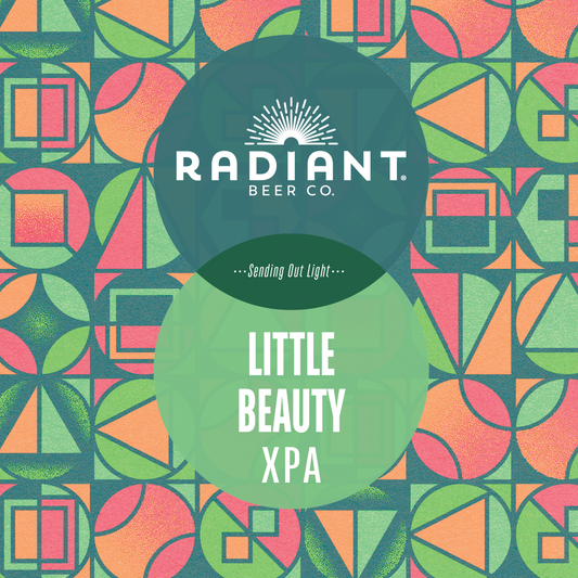 A square graphic label for Radiant Beer Co. 'Little Beauty XPA' beer, featuring a colorful geometric pattern in green, orange, pink, and teal, with two overlapping dark green circles containing white text.