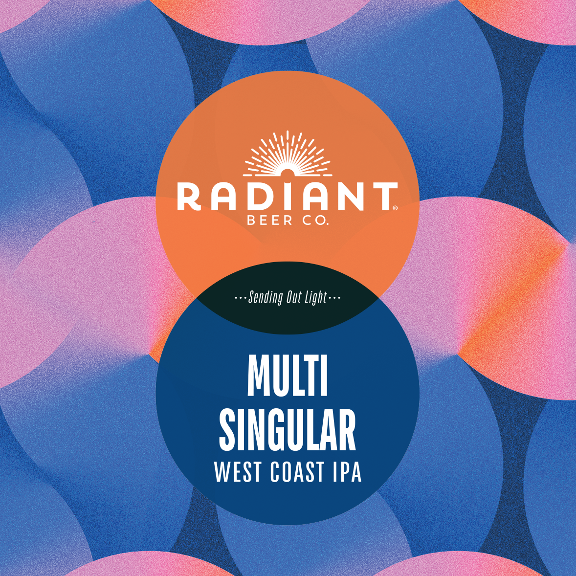 Radiant Beer Co. Multi Singular West Coast IPA label with colorful abstract background