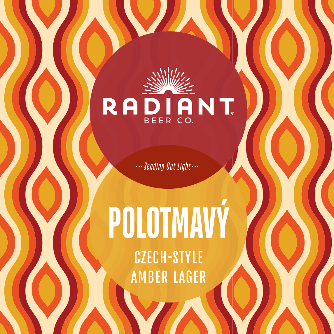 A graphic label design for Radiant Beer Co. Polotmavéy Czech-Style Amber Lager, featuring a retro wavy geometric pattern in orange, yellow, and red, with two overlapping circular badges containing white text.