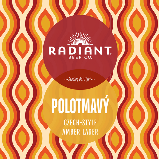 A graphic label design for Radiant Beer Co. Polotmavéy Czech-Style Amber Lager, featuring a retro wavy geometric pattern in orange, yellow, and red, with two overlapping circular badges containing white text.