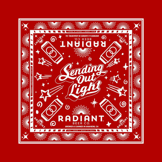 Red Bandana featuring white accents saying sending out light with the radiant beer can. Represents the local Anaheim Angels colors. 