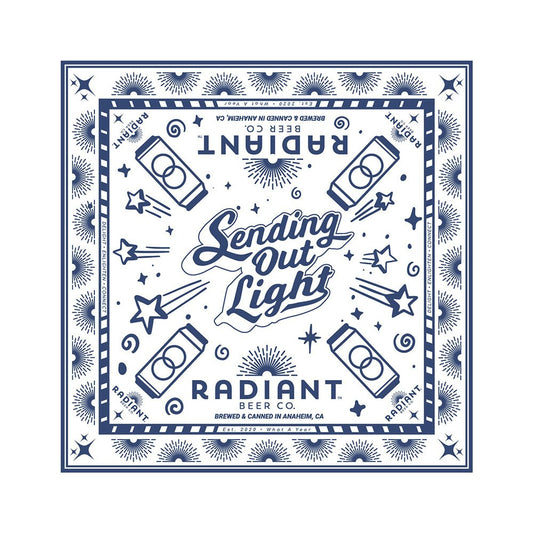 White Bandana featuring navy blue accents saying sending out light with the radiant beer can. 