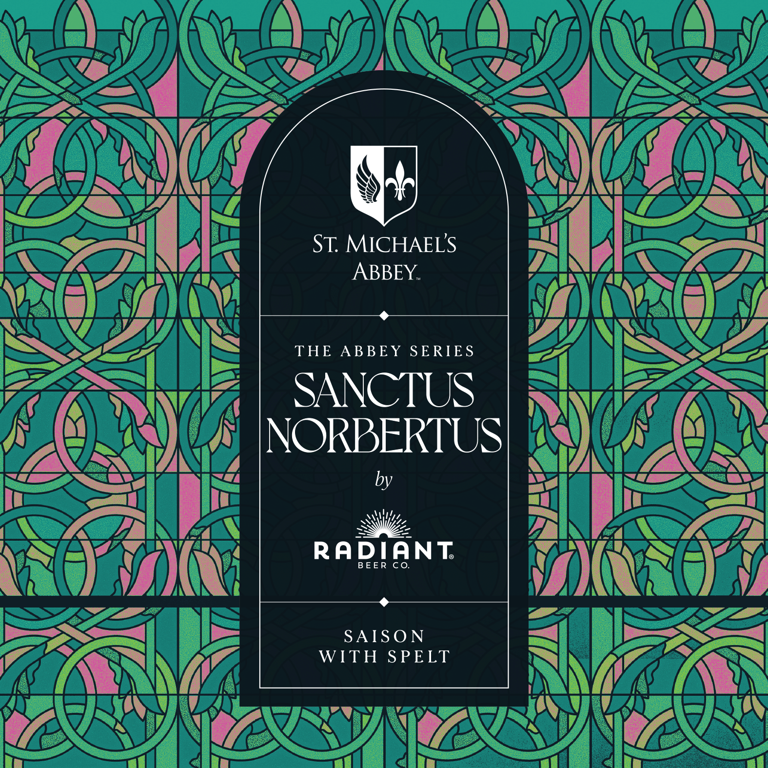 Beer label for 'Sanctus Norbertus' by Radiant Beer Co. on a decorative background.