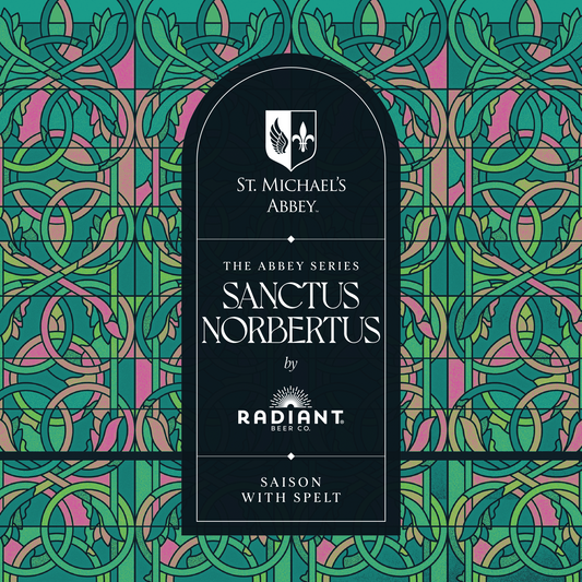 Beer label for 'Sanctus Norbertus' by Radiant Beer Co. on a decorative background.