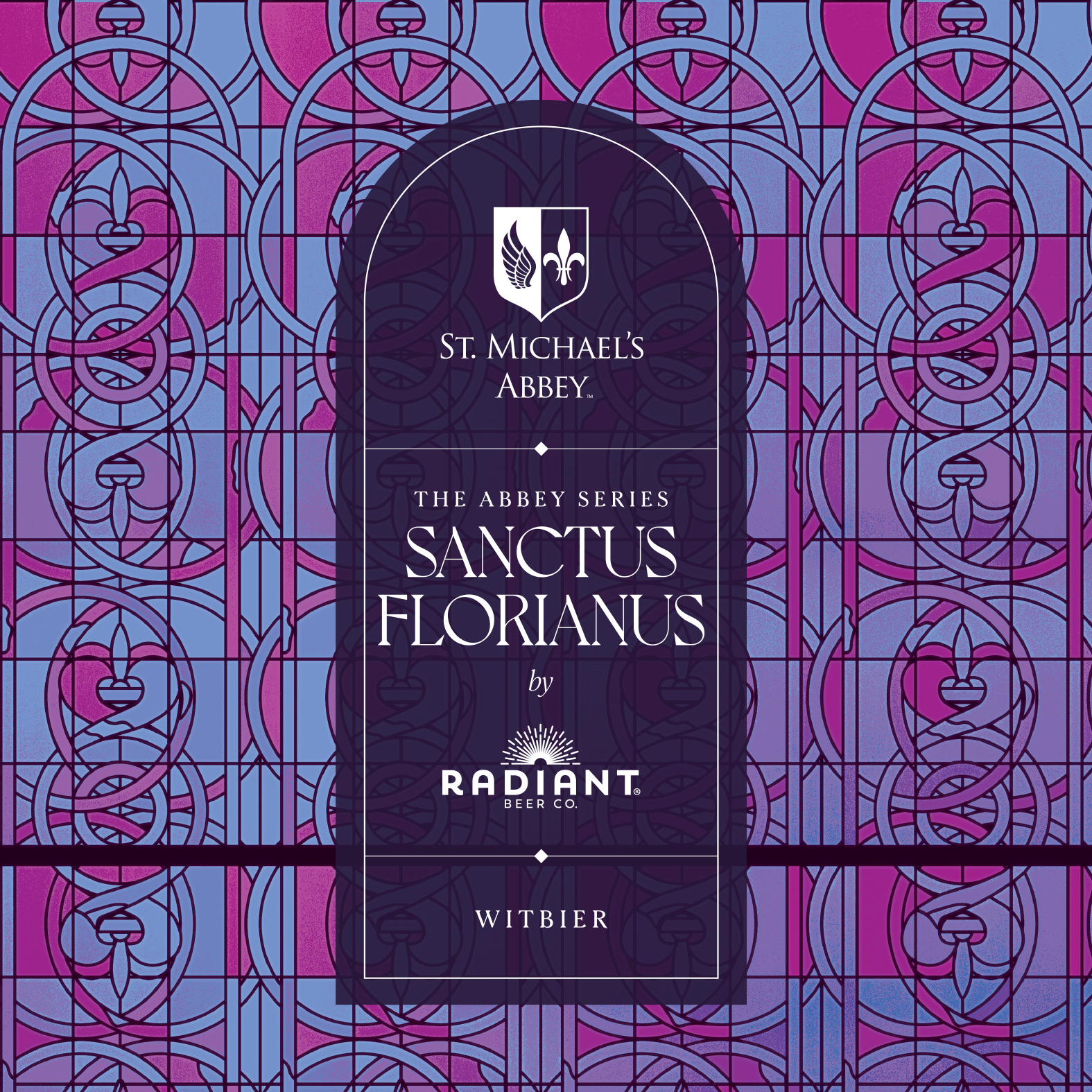 Beer label for 'Sanctus Florianus' by Radiant Beer Co. on a decorative purple and blue background.