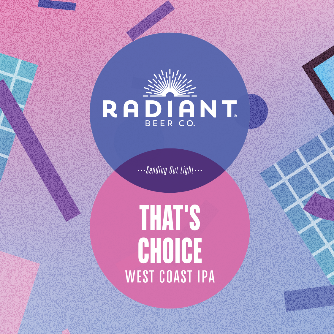 Radiant Beer Co. label with geometric shapes on a pink and purple background