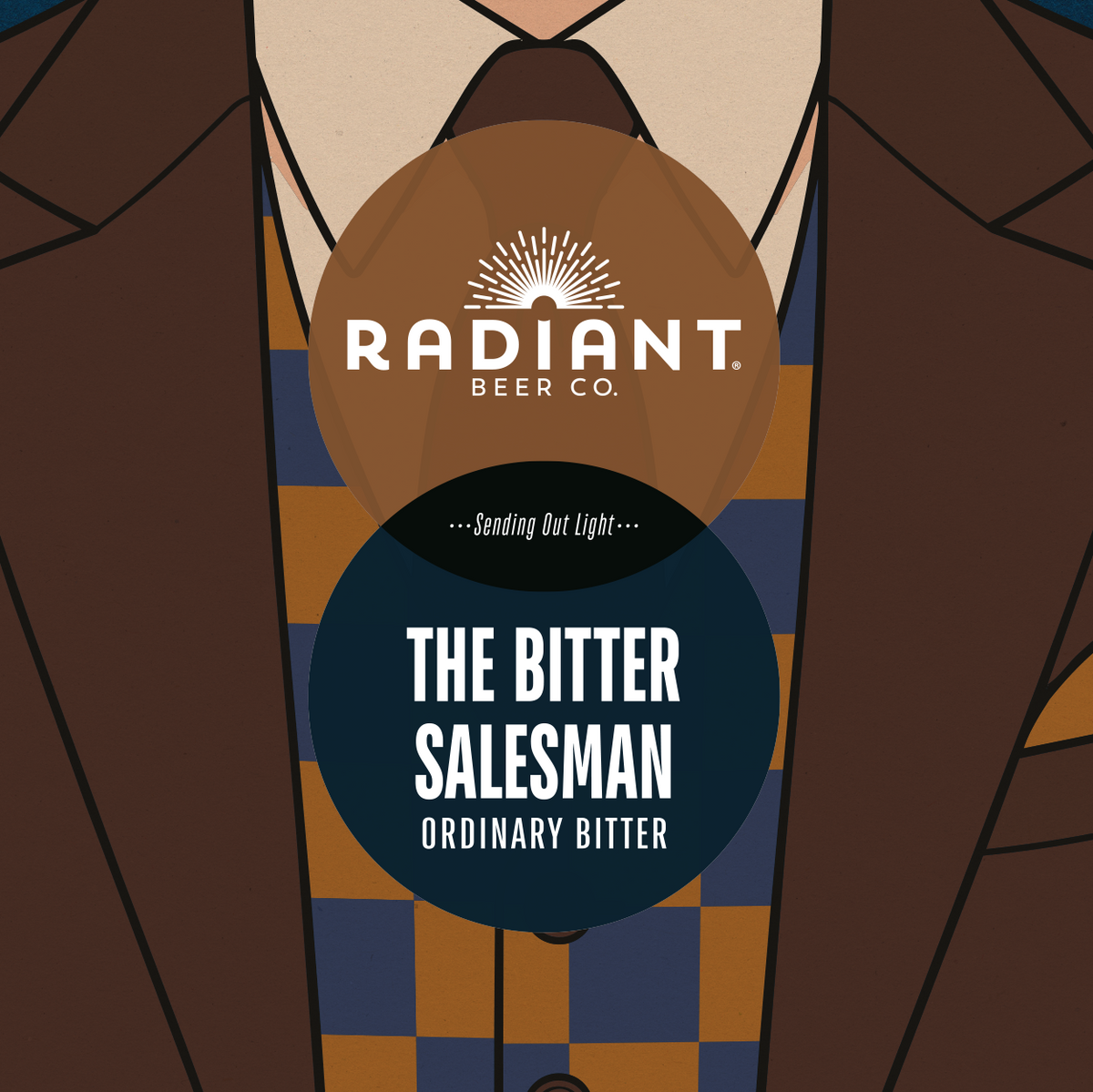 Illustrated beer label design featuring a stylized torso in a brown suit jacket over a blue and tan checkered shirt, with two circular logo overlays reading Radiant Beer Co. and The Bitter Salesman Ordinary Bitter.