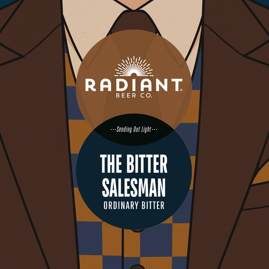 Illustrated beer label design featuring a stylized torso in a brown suit jacket over a blue and tan checkered shirt, with two circular logo overlays reading Radiant Beer Co. and The Bitter Salesman Ordinary Bitter.
