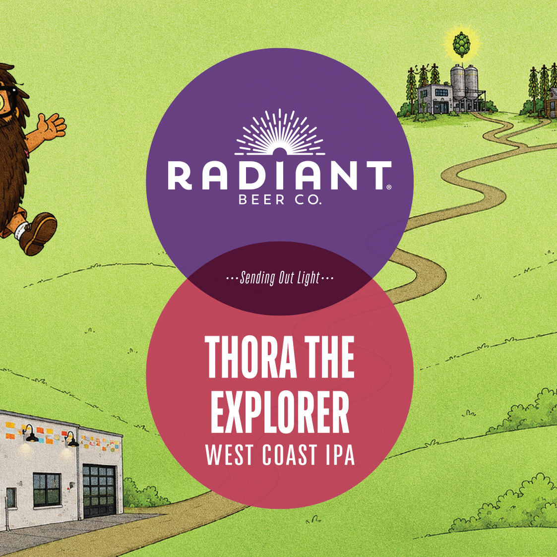 Promotional graphic for Radiant Beer Co. featuring Thora the Explorer West Coast IPA